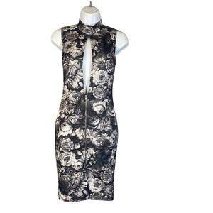 Blues Black & White Zipper Floral Mock Neck Sleeveless Bodycon Dress Women SZ S